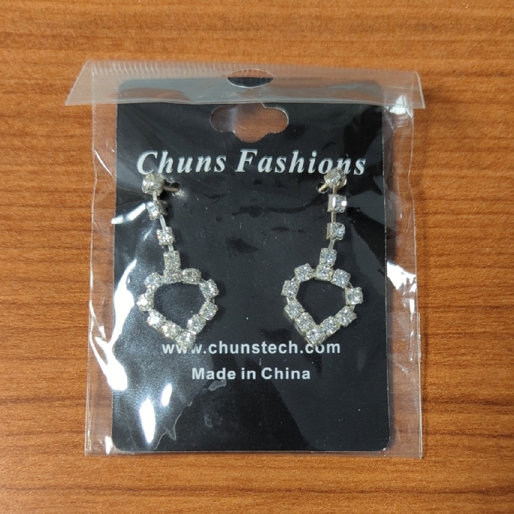 Crystal Rhinestone Bridal Faux Diamond Silver/Platinum Tone Heart Drop Earrings